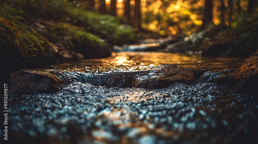 Fototapeta premium A small stream flows over rocks in a forest, sunlight reflecting off the water.