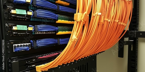 Closeup of organized network cables in server rack photo