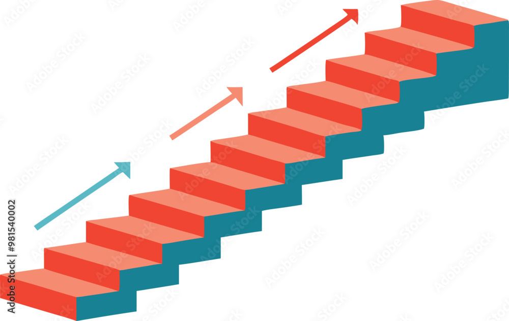 Red and blue staircase with upward arrows, symbolizing progress, growth, and steps toward success Red and blue staircase with upward arrows, symbolizing progress, growth, and steps toward success