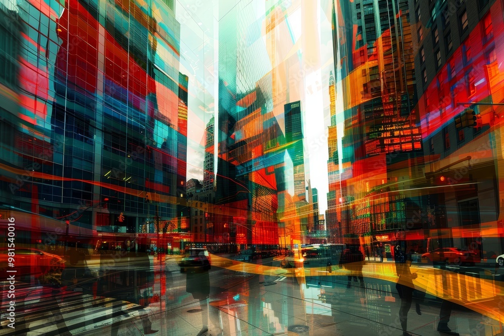 Obraz premium People bustling down city street next to passing train, The hustle and bustle of city life captured through a blend of colors and shapes in the skyline