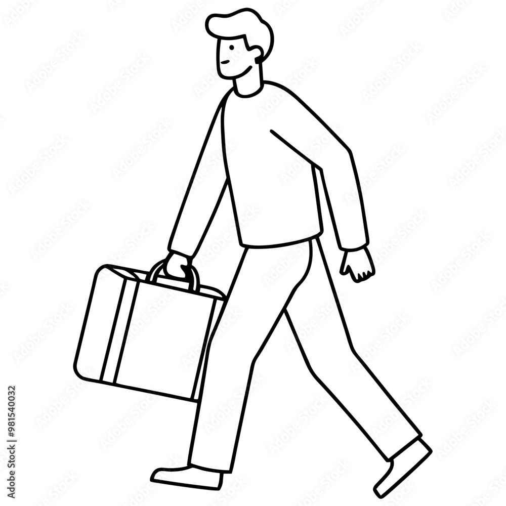 A man is walking with a suitcase. He is smiling and he is happy. The suitcase is large and heavy, suggesting that he may be traveling for an extended period of time