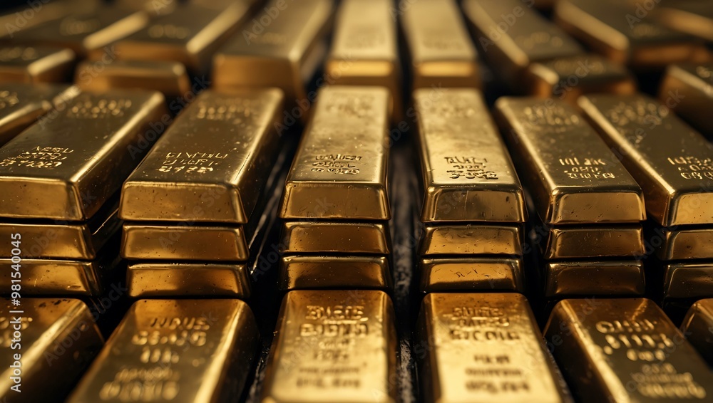 Rows of gold bars securely stored in a bank. Rows of gold bars securely stored in a bank.