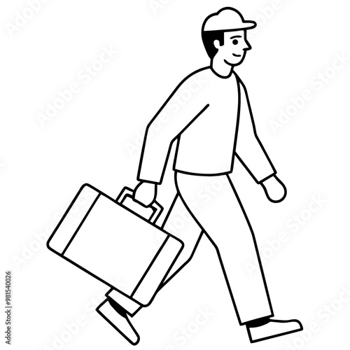 A man is walking with a suitcase. He is smiling and he is happy. The suitcase is large and heavy, and the man is carrying it on his back