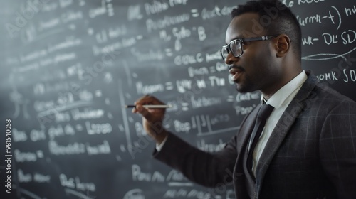 African American male teacher or professor in a suit, presenting, explaining or showing a school lesson on a blackboard in the classroom Educational presentation University lecture Student's knowledge