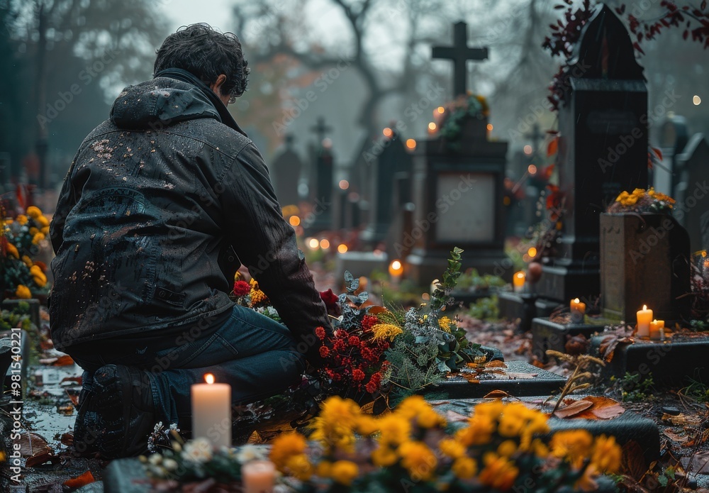 A man kneels at a grave with flowers and candles on an autumn day in a German cemetery, remembering a dear loved one A man kneels at a grave with flowers and candles on an autumn day in a German cemetery, remembering a dear loved one