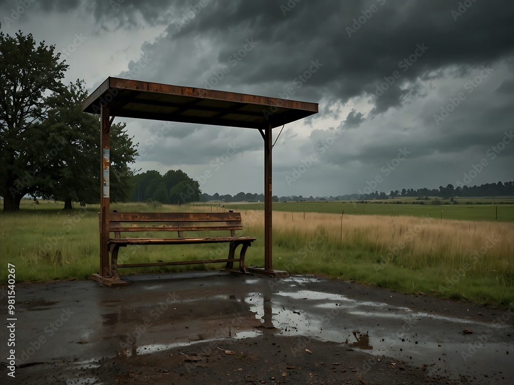 Rusted bus stop in an empty rural landscape under overcast skies. Rusted bus stop in an empty rural landscape under overcast skies.