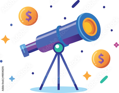 Telescope with dollar symbols, symbolizing financial forecasting, investment opportunities, and economic outlook
