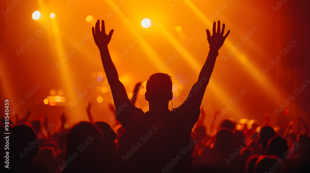 Silhouette of a man with raised hands at a music concert Silhouette of a man with raised hands at a music concert