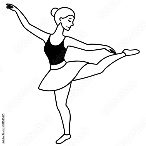 A woman in a black tank top and a white skirt is dancing. She is in the middle of a pirouette