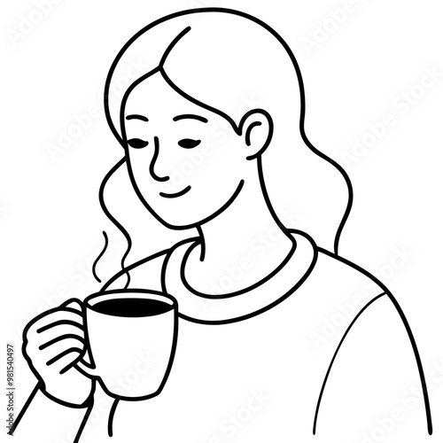 A woman is holding a cup of coffee and smiling. Concept of relaxation and enjoyment, as the woman is taking a break from her day to savor her coffee
