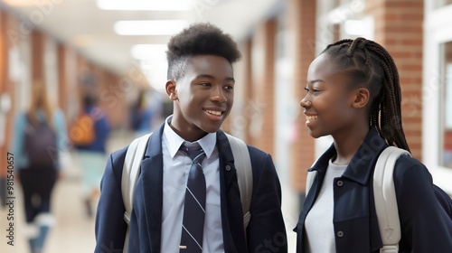 African American black school pupils or college teenage students or classmates wearing uniform Male and female friends talking in the hallway, smiling Boy and girl having an educational conversation 