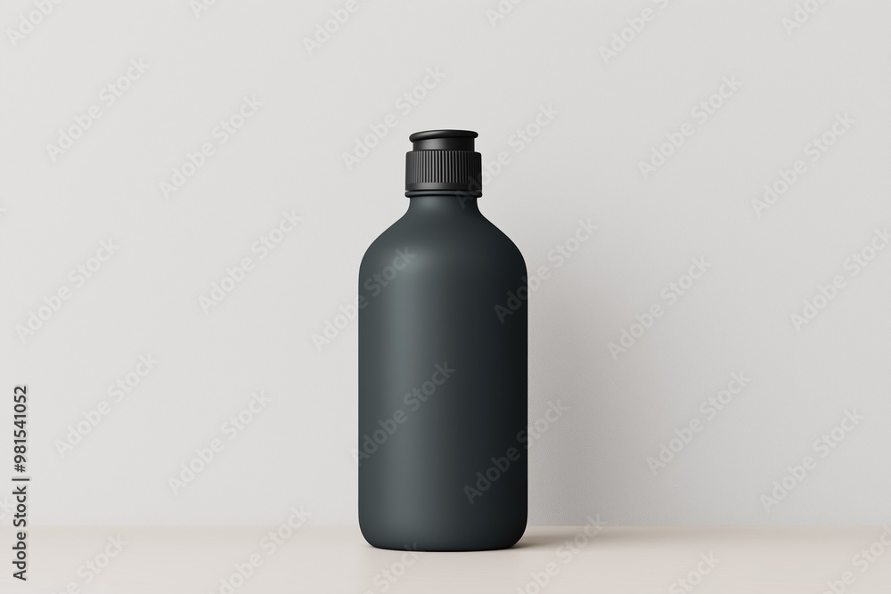 Black bottle with a screw cap in minimalist product display against a light background Black bottle with a screw cap in minimalist product display against a light background
