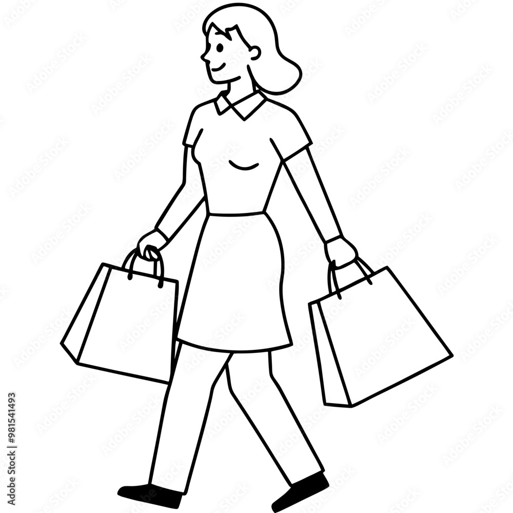 A woman is walking with two shopping bags. She is smiling and she is happy. Concept of leisure and enjoyment, as the woman is taking a break from shopping to walk around and enjoy the outdoors