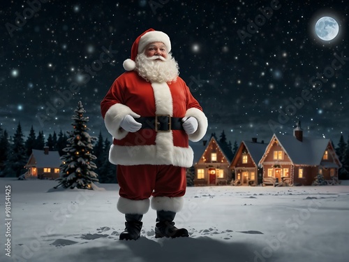 Santa walking through snow under a bright moon, surrounded by holiday lights.