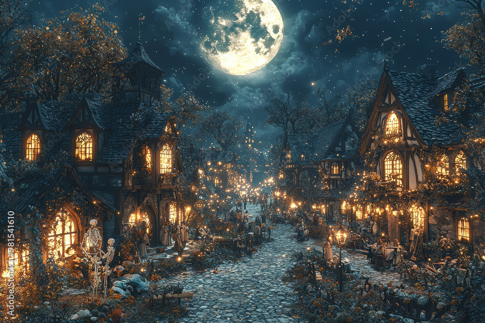 A village square where skeletons and townsfolk dance together in the moonlight. Concept of community and death. A village square where skeletons and townsfolk dance together in the moonlight. Concept of community and death.