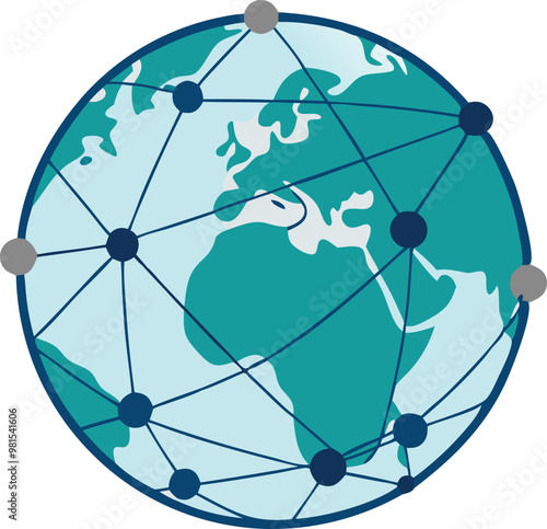 Illustration of a globe with network lines and nodes, representing global connectivity, technology, and communication.