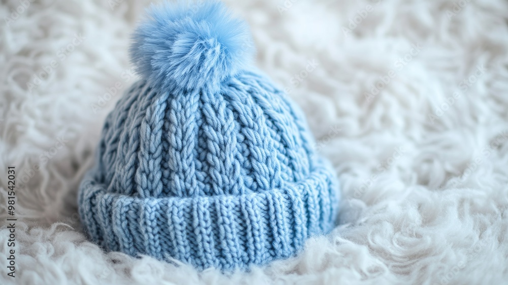 Blue knitted wool hat with pompom on Blue knitted wool hat with pompom on