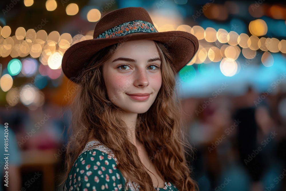 Portrait of a Young Woman in a Hat Smiling with City Lights in Background Portrait of a Young Woman in a Hat Smiling with City Lights in Background