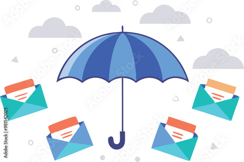 Illustration of an umbrella covering multiple email icons, representing protection, email marketing, and secure communication.