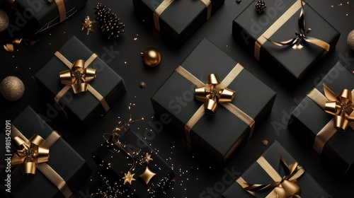 Black gifts with gold ribbons. Christmas gift boxes on black background. Merry Christmas and Happy Holidays greeting card, frame, banner. Black friday. Generative AI