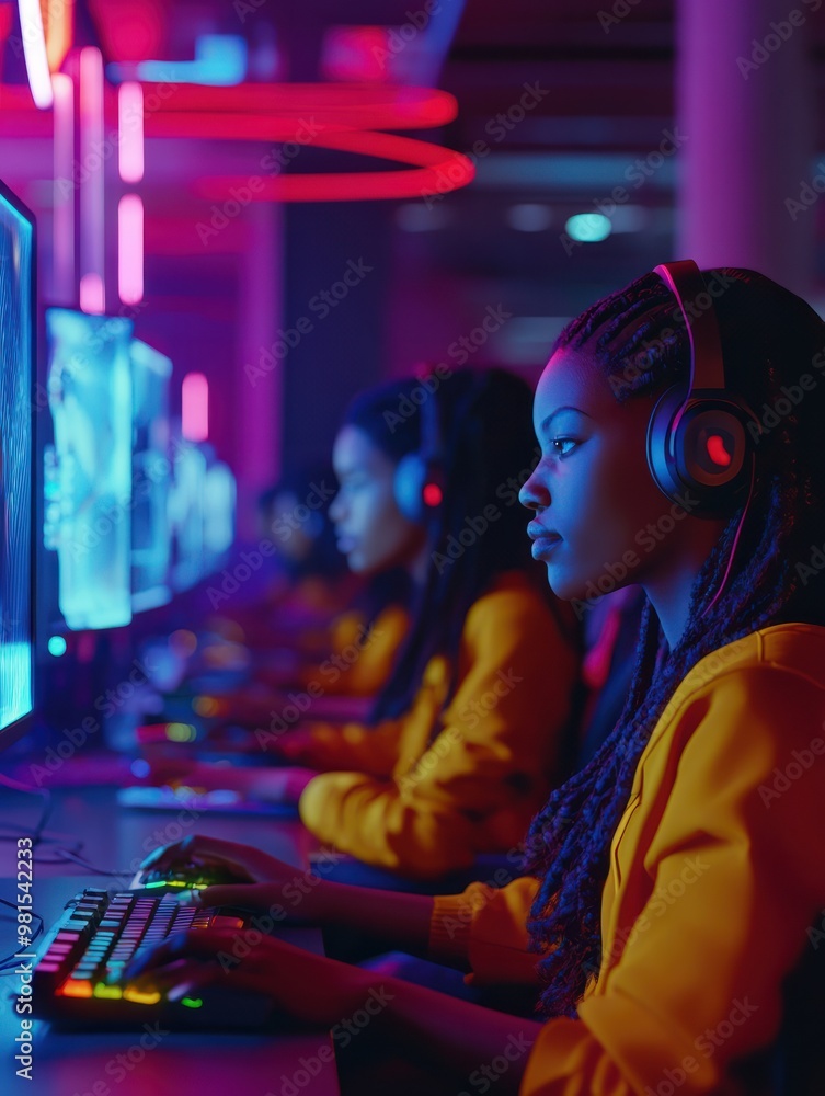 Fototapeta premium Black women in bright clothes play e-sports in a futuristic cyber cafe illuminated by neon lights, showing focus and immersion in their gameplay.