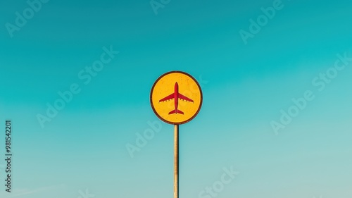 A bright yellow sign with a red airplane symbol against a clear blue sky, indicating an airport or aviation-related location. photo