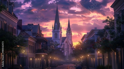 A picturesque twilight scene featuring towering spires set against a vibrant sky, illuminating a quaint street lined with glowing lamps.