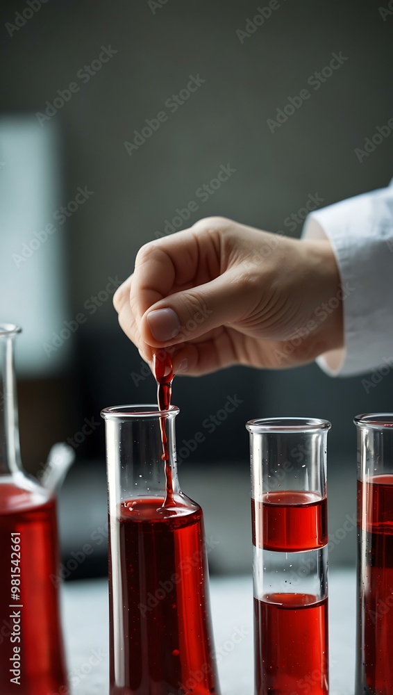 Scientist’s hand using a dropper with red liquid in test tubes. Scientist’s hand using a dropper with red liquid in test tubes.