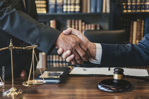 Lady Justice statue holding a sword and scale, symbolizing fairness and justice, The law firm's confident demeanor instills trust in the client during their consultation photo