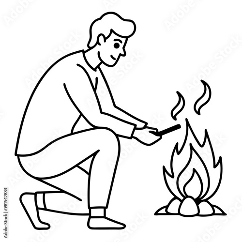 A man is sitting on the ground next to a fire. He is holding a stick and is about to light it