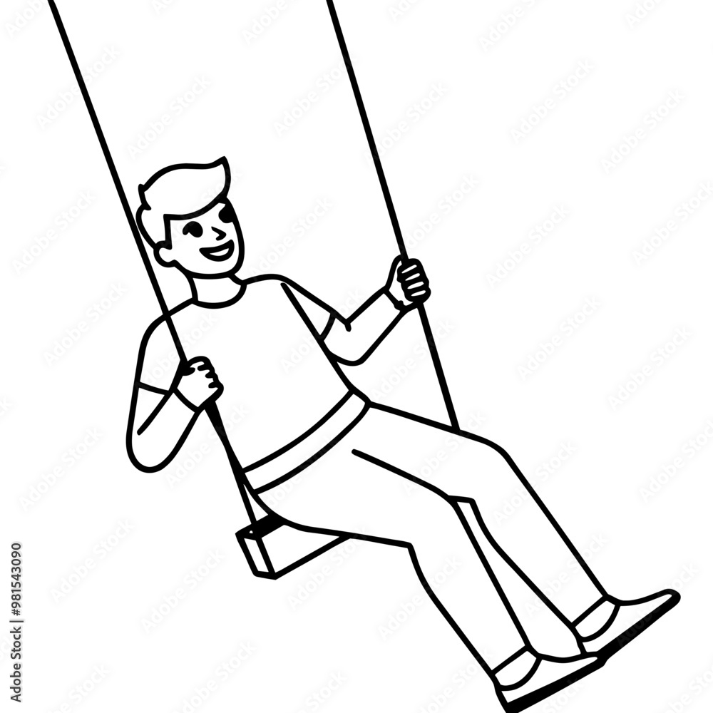 A man is swinging on a swing. He is smiling and enjoying himself. Concept of happiness and fun