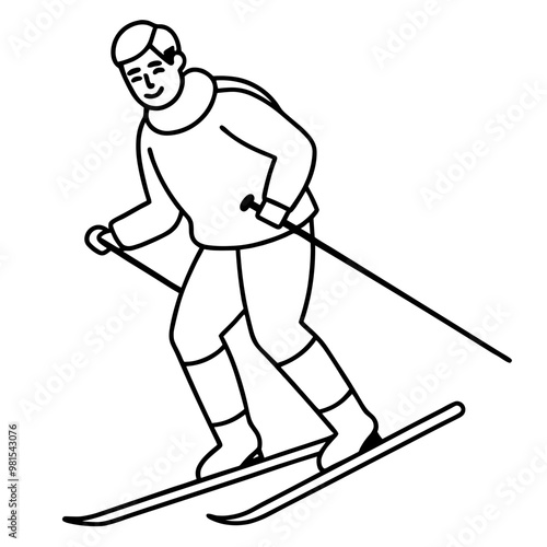 A man is skiing down a slope. He is wearing a jacket and has skis on. The image is in black and white