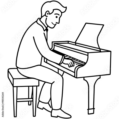 A man is playing the piano. He is wearing a suit and tie. The piano is black and white