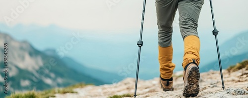 Action shot of hiker using lightweight, collapsible trekking poles on a challenging incline, hiking trail gear, support in rough terrain