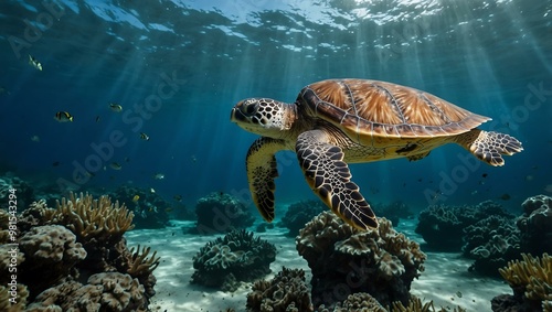 Sea turtle swimming in an underwater paradise.