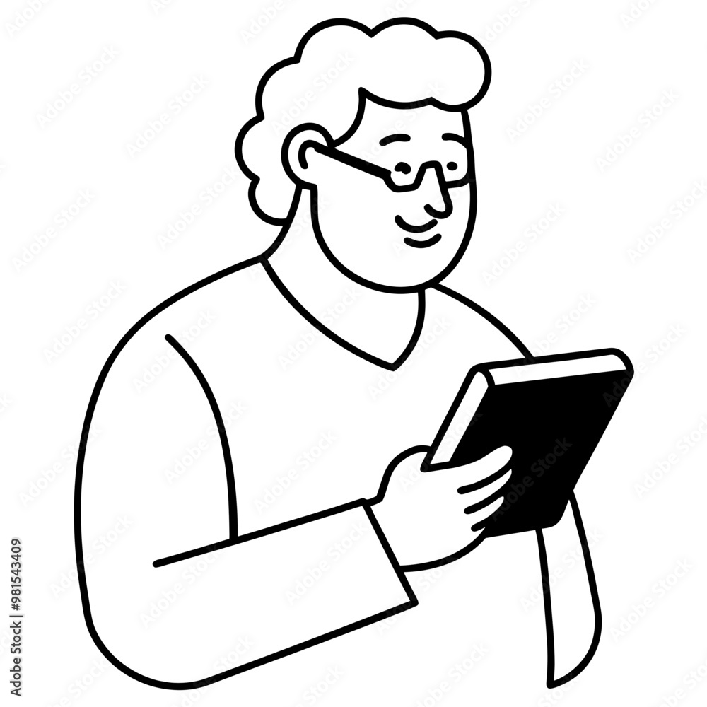 A man is reading a book. He is wearing glasses and has a beard. The book is open to a page with a picture of a woman