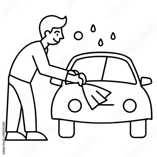 A man is washing a car. He is smiling and seems to be enjoying the task. The car is wet and shiny after being washed