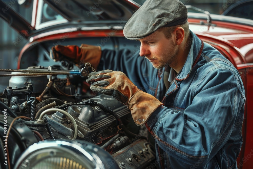 A man focused on checking coolant levels in a car engine inside a garage, The mechanic checking the coolant levels in the engine A man focused on checking coolant levels in a car engine inside a garage, The mechanic checking the coolant levels in the engine