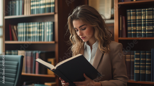 woman is reading a book or legal document about Chapter 13 bankruptcy law in a well-organized office. The background can include office furnishings such as a bookshelf, filing cabi photo