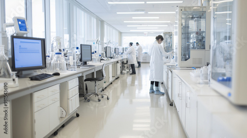 sophisticated medical laboratory featuring an array of high-tech equipment. Include elements such as a DNA sequencer, mass spectrometer, and advanced imaging systems. The lab is we photo