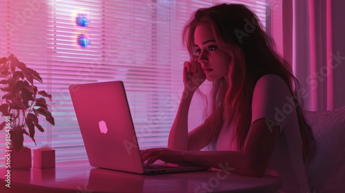 A woman is sitting at a table with a laptop in front of her