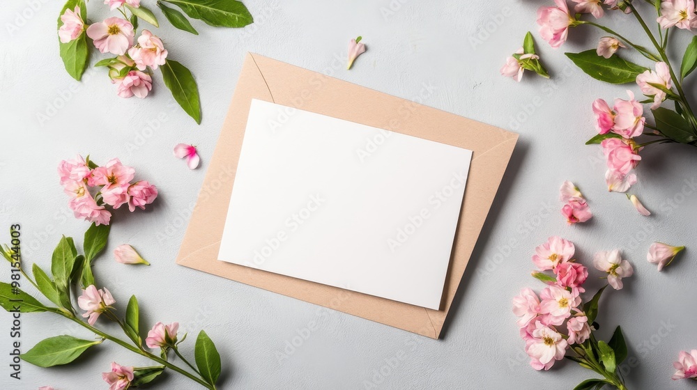 A white card with a pink flower on it sits on a table A white card with a pink flower on it sits on a table