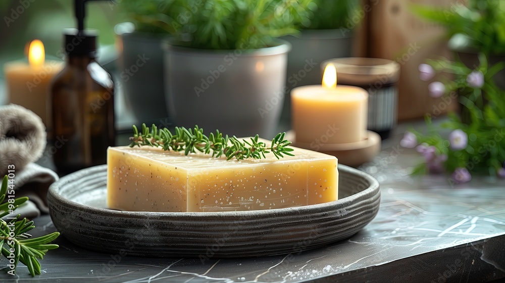 Table with natural soap, jars of oils and a candle surrounded by plants. Table with natural soap, jars of oils and a candle surrounded by plants.