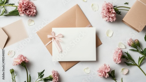 A white card with a pink bow on it sits on a table with flowers