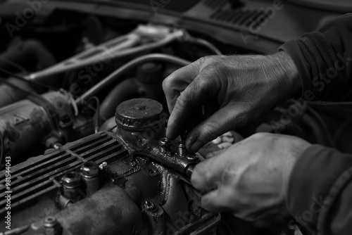 A man stands on a ball floating in the water, showcasing balance and skill, The mechanic tightening the bolts on the engine block