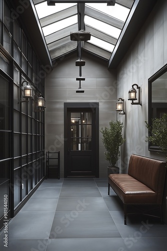 Modern hallway with skylight, leather bench, and indoor plants photo