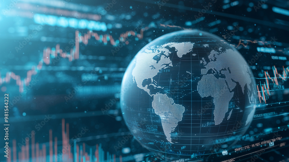 globe surrounded by financial charts and graphs showing rising inflation rates. Overlay the globe with visual elements like increasing price tags, currency devaluation, and economi globe surrounded by financial charts and graphs showing rising inflation rates. Overlay the globe with visual elements like increasing price tags, currency devaluation, and economi