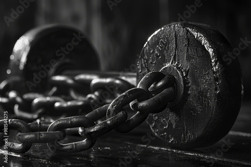 A heavy metal object suspended from the ceiling, creating a clanking sound as it swings slightly, The metallic clank of weights being lifted photo