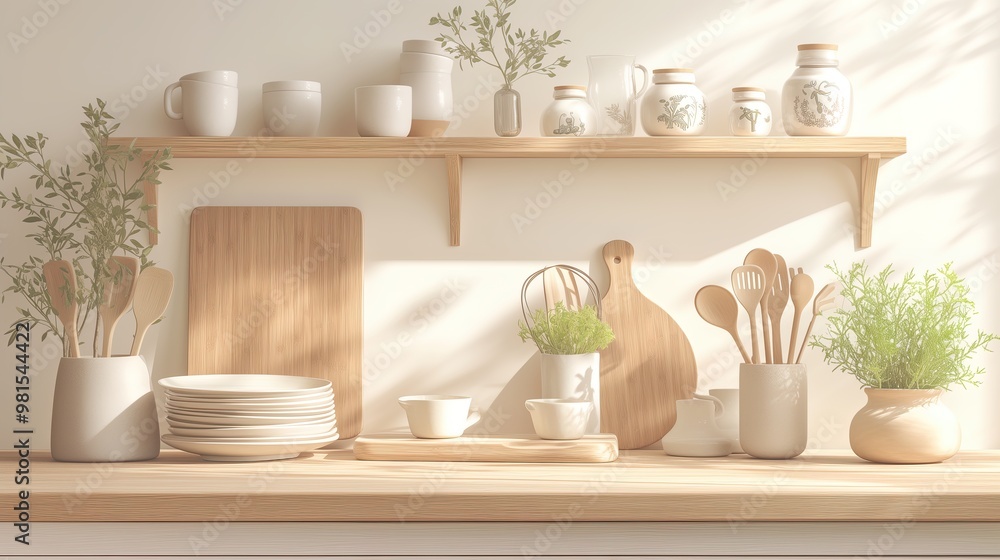 Kitchen utensils, ceramic jars and other items on a counter and a shelf. Kitchen utensils, ceramic jars and other items on a counter and a shelf.