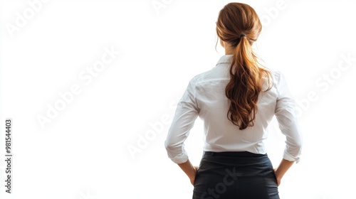 A woman with long red hair is standing in front of a white background